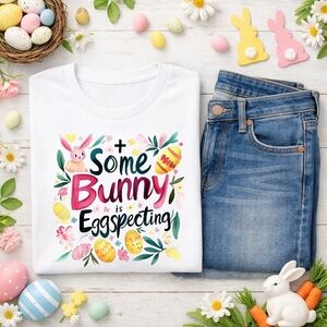 Easter Christian Pregnancy Graphic Tee “Some Bunny Is Egg-specting”